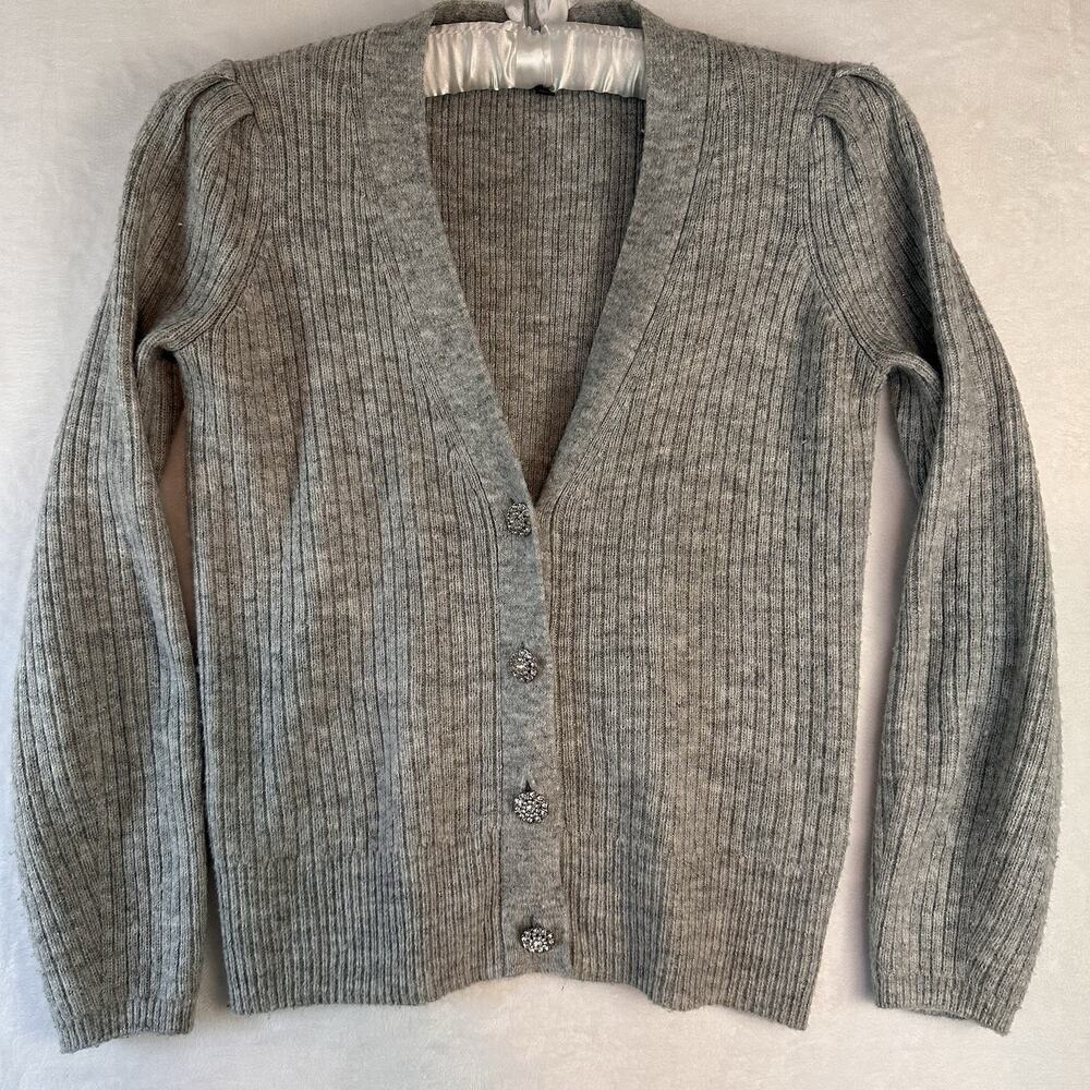 Talbots Gray Metallic Ribbed Cardigan Rhinestone Buttons Wool Blend XS
